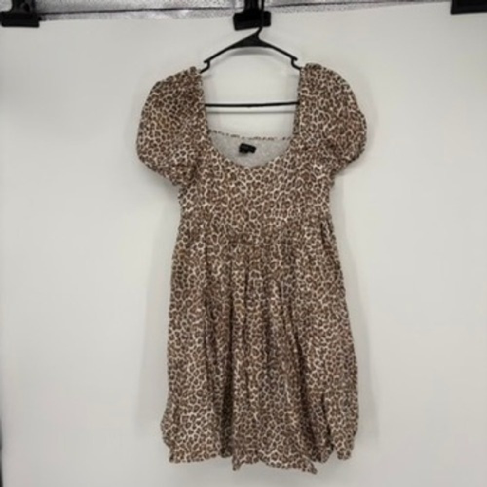 J.Crew Dress Womens 6 Brown Leopard Print‎ Puff Sleeve Linen Blend Smocked Back